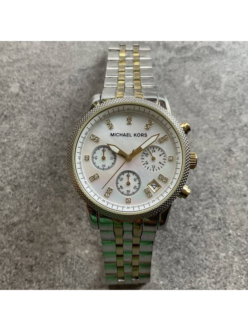 Michael Kors Ritz MK5057 Womens Chronograph Watch Two Tone MOP Dial Crystals A5